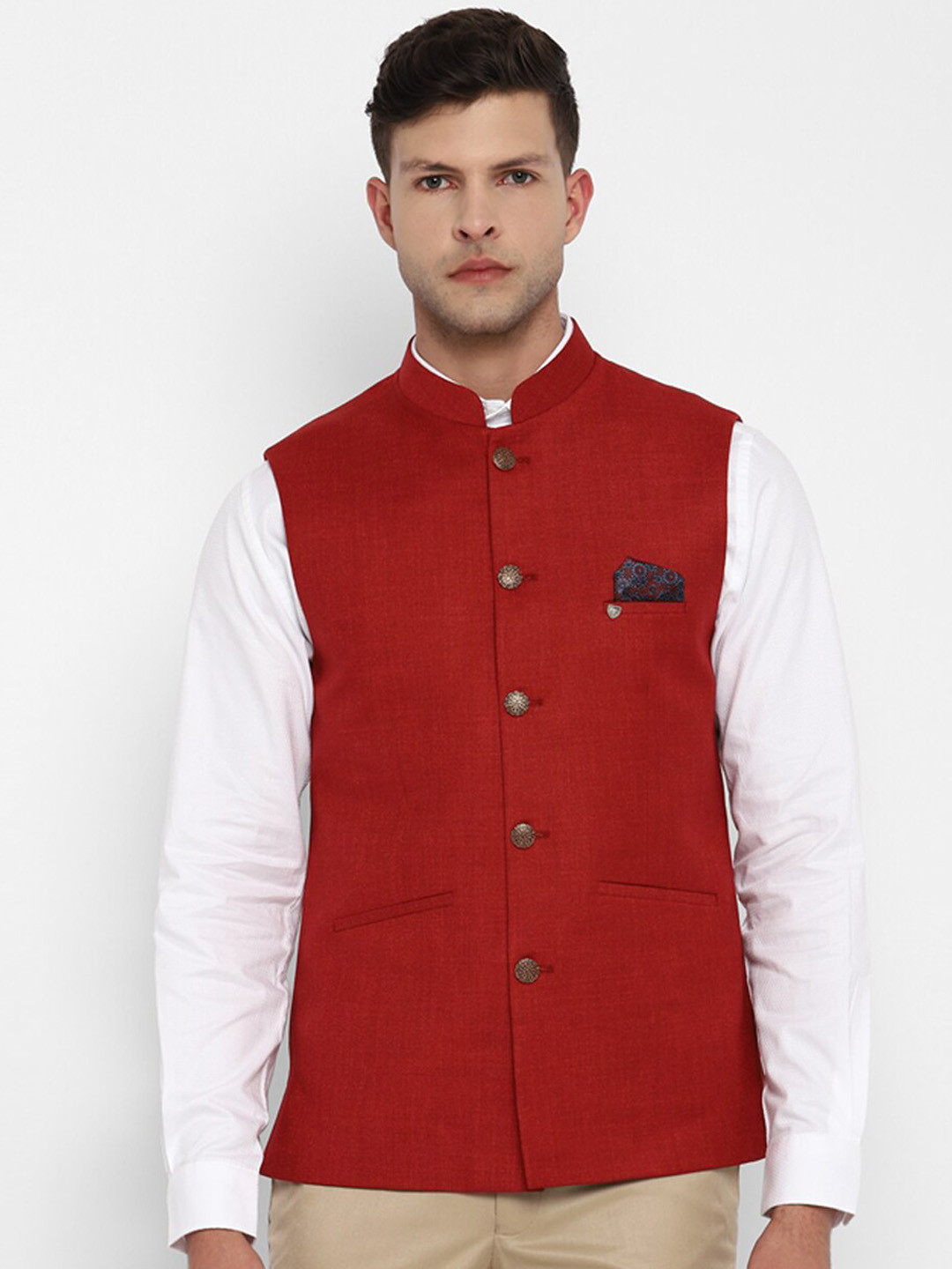 

Turtle Men Mandarin Collar Self Design Cotton Nehru Jackets, Red