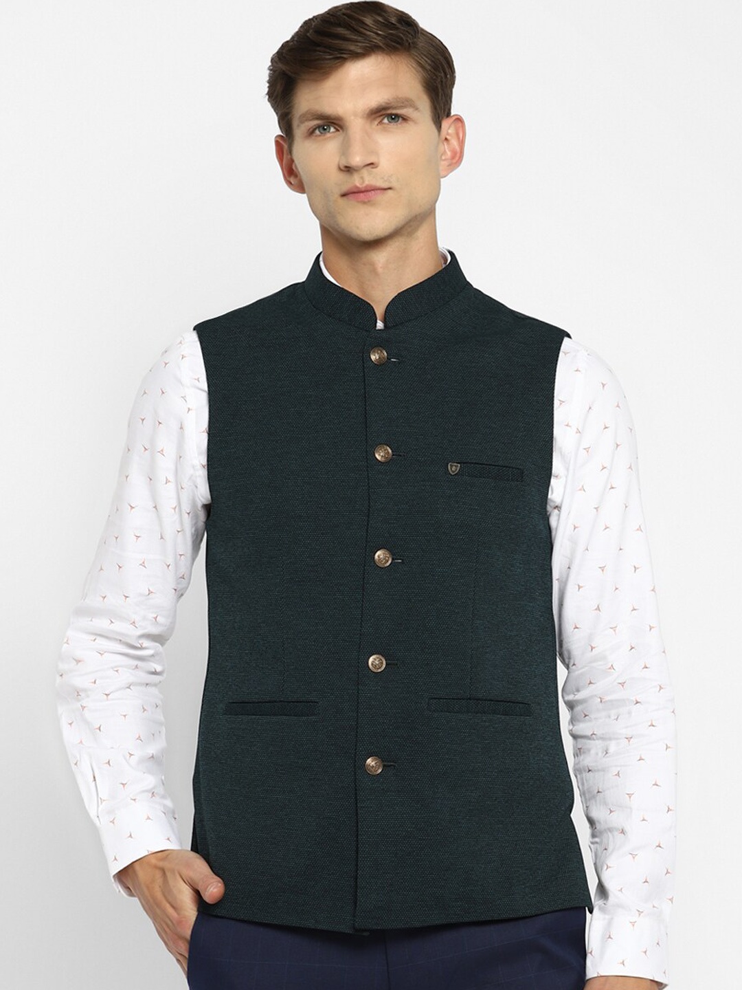 

Turtle Men Mandarin Collar Self Design Cotton Nehru Jackets, Olive