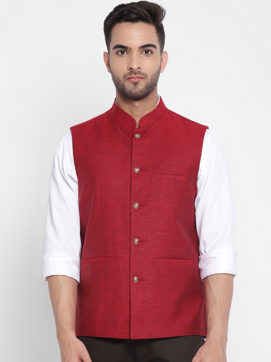 

Turtle Men Mandarin Collar Self Design Cotton Nehru Jackets, Red