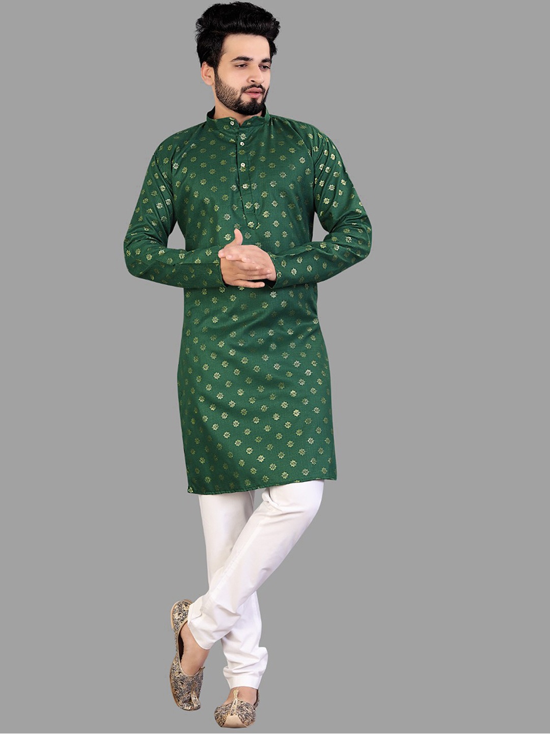 

Fashion FRICKS Men Ethnic Motifs Printed Cotton Kurta with Pyjamas, Green