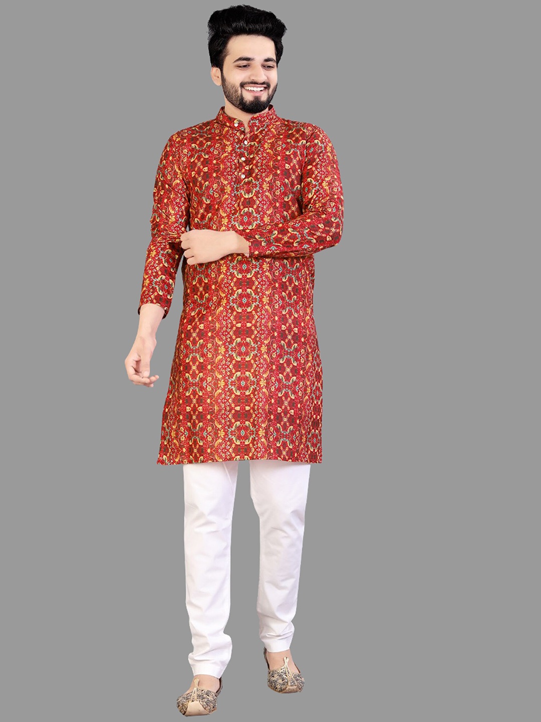 

Fashion FRICKS Men Ethnic Motifs Printed Pure Cotton Kurta with Pyjamas, Red
