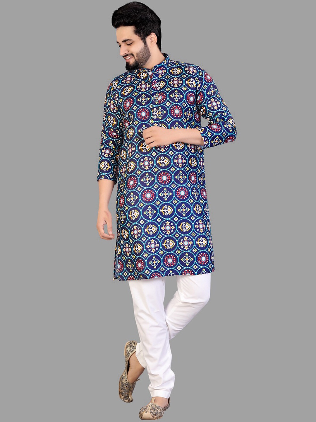 

Fashion FRICKS Men Ethnic Motifs Printed Cotton Kurta with Pyjamas, Blue