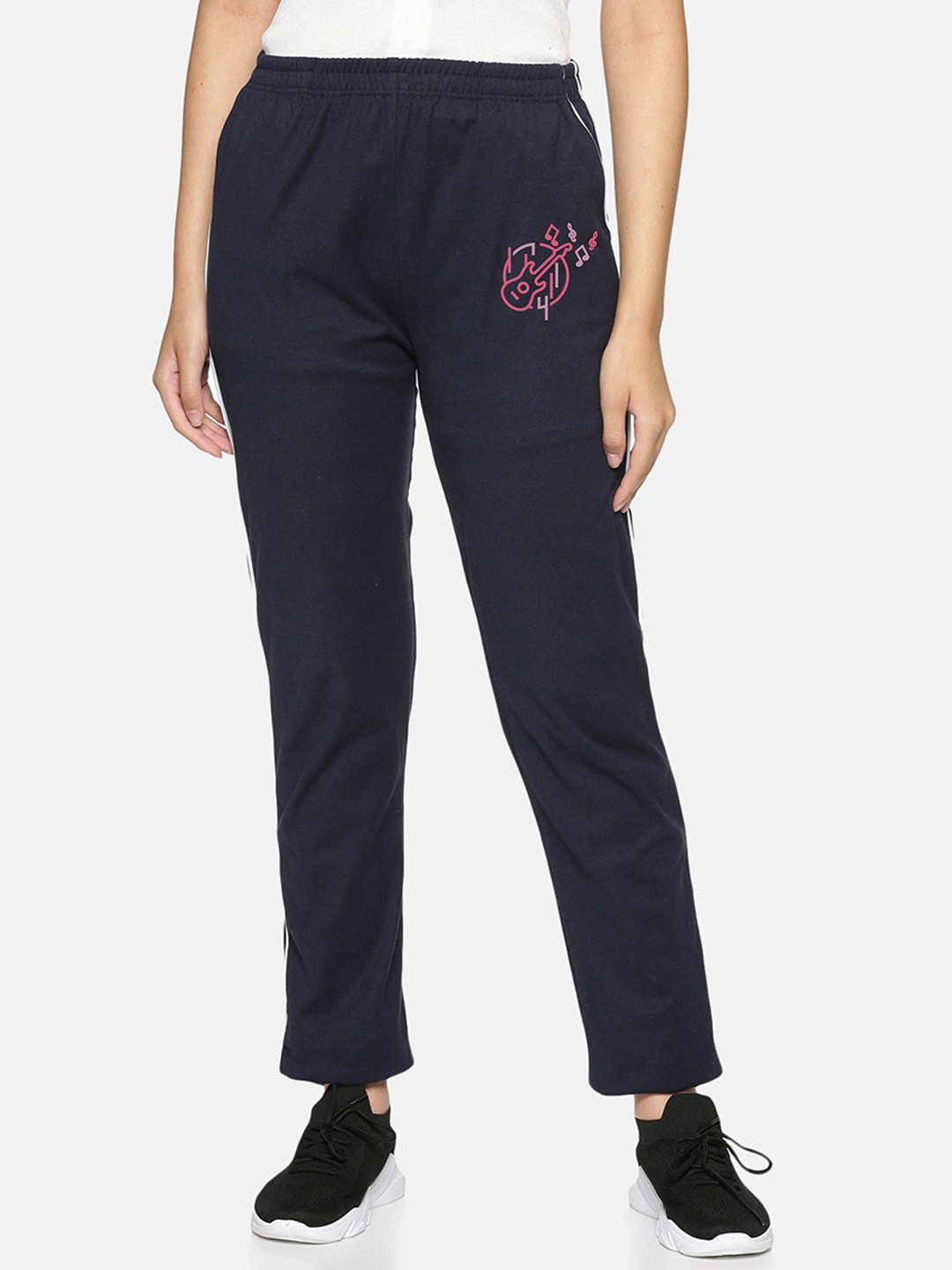 

NOT YET by us Women Printed Cotton Track Pants, Navy blue