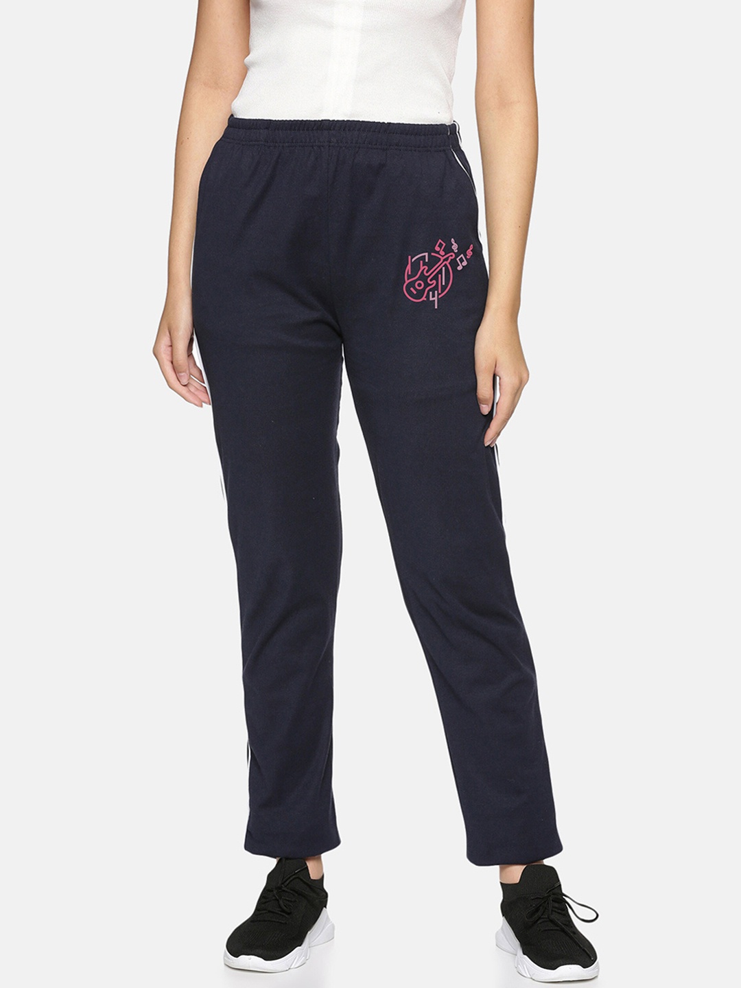 

NOT YET by us Women Printed Cotton Track Pants, Navy blue