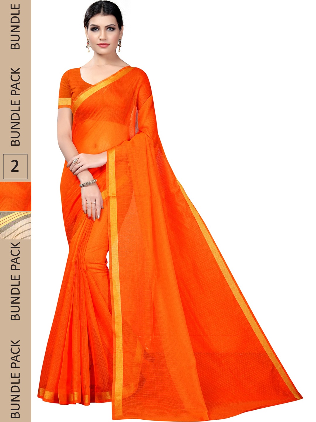 

KALINI Pack Of 2 Striped Silk Cotton Sarees, Orange