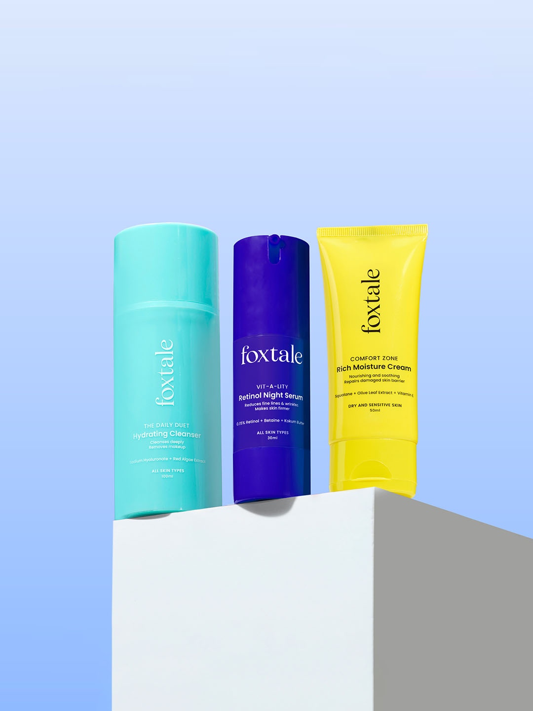 

Foxtale Anti-Ageing PM Routine Cleanser + Retinol serum + Rich Moisturiser Cream, White