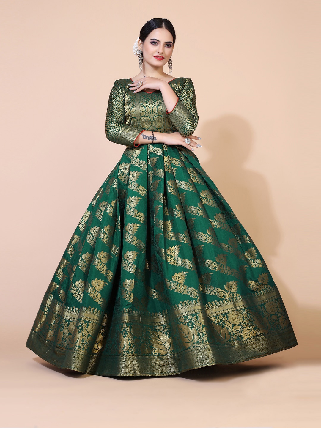 

PRENEA Floral V Neck Ethnic Maxi Dress, Green