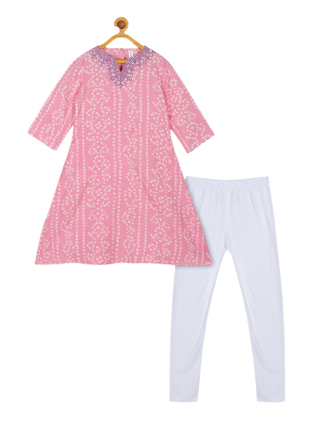 

KiddoPanti Girls Pink Bandhani Printed Kurta & Leggings