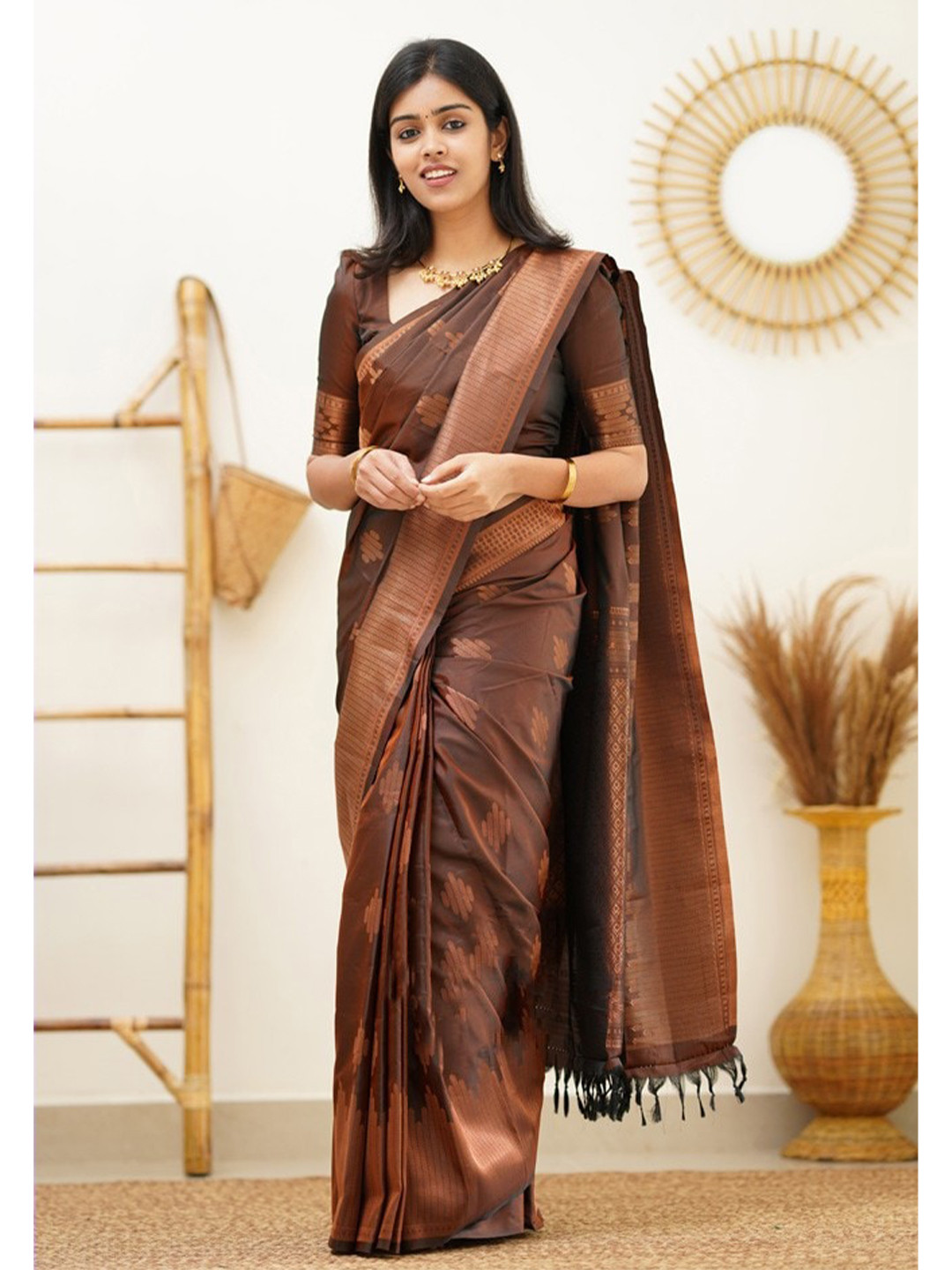 

TIEXA Woven Design Zari Pure Silk Banarasi Saree, Brown
