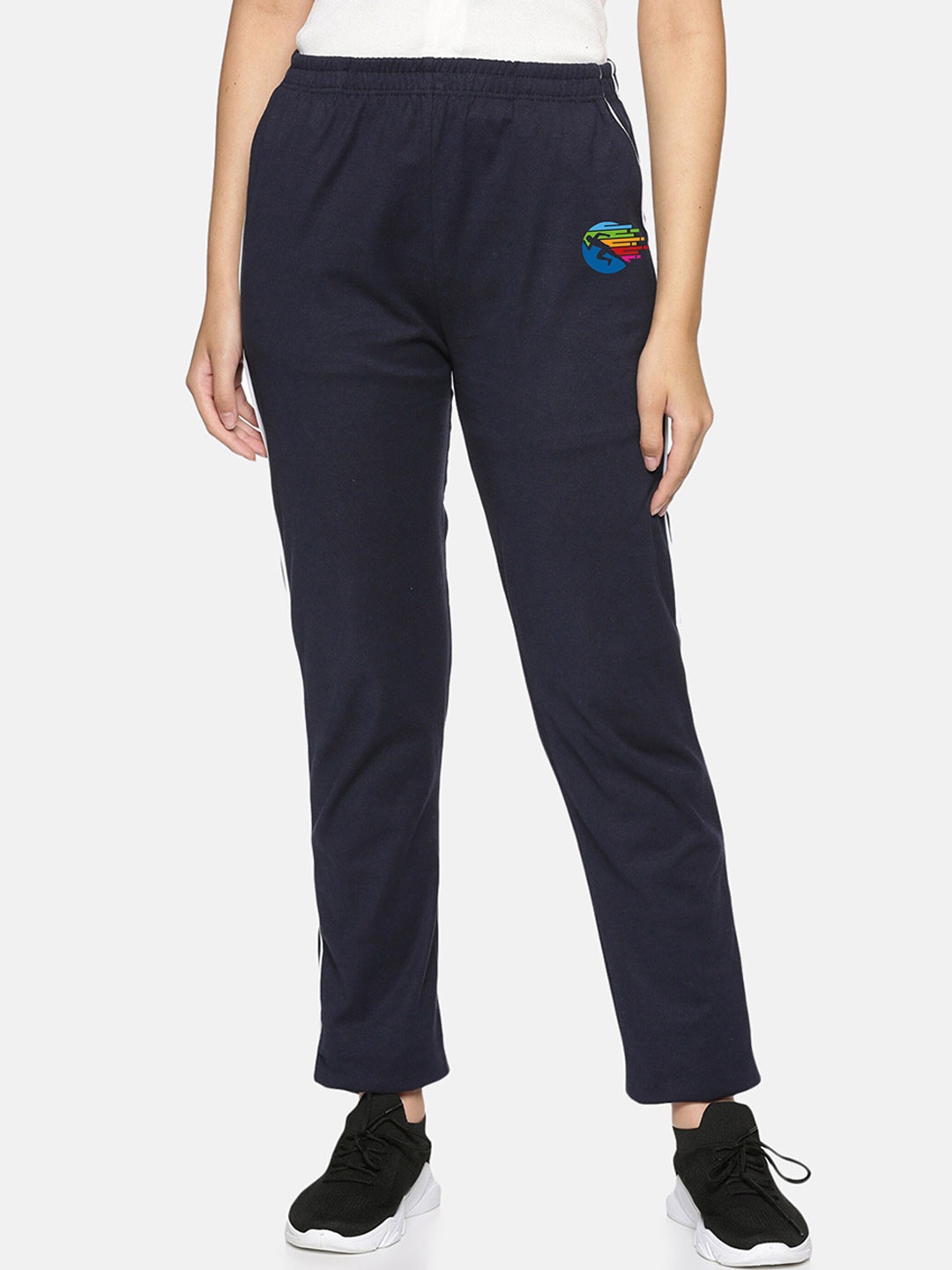 

NOT YET by us Women Printed Cotton Track Pants, Navy blue