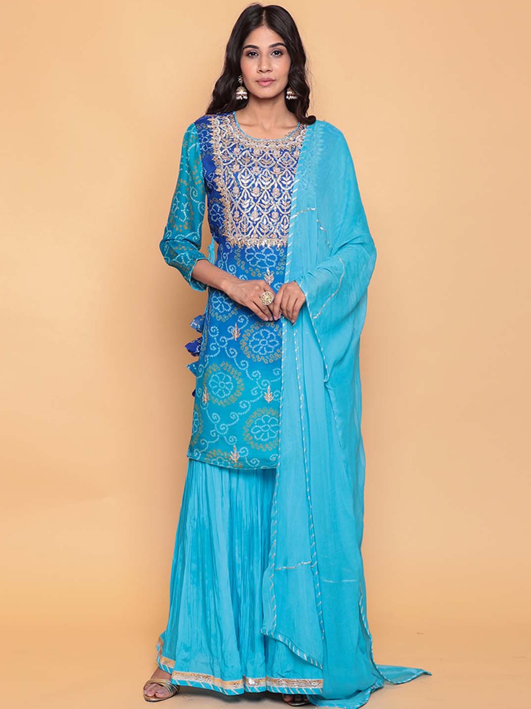 

ZARI Bandhani Printed Gotta Patti Silk Georgette Kurta with Sharara & With Dupatta, Blue