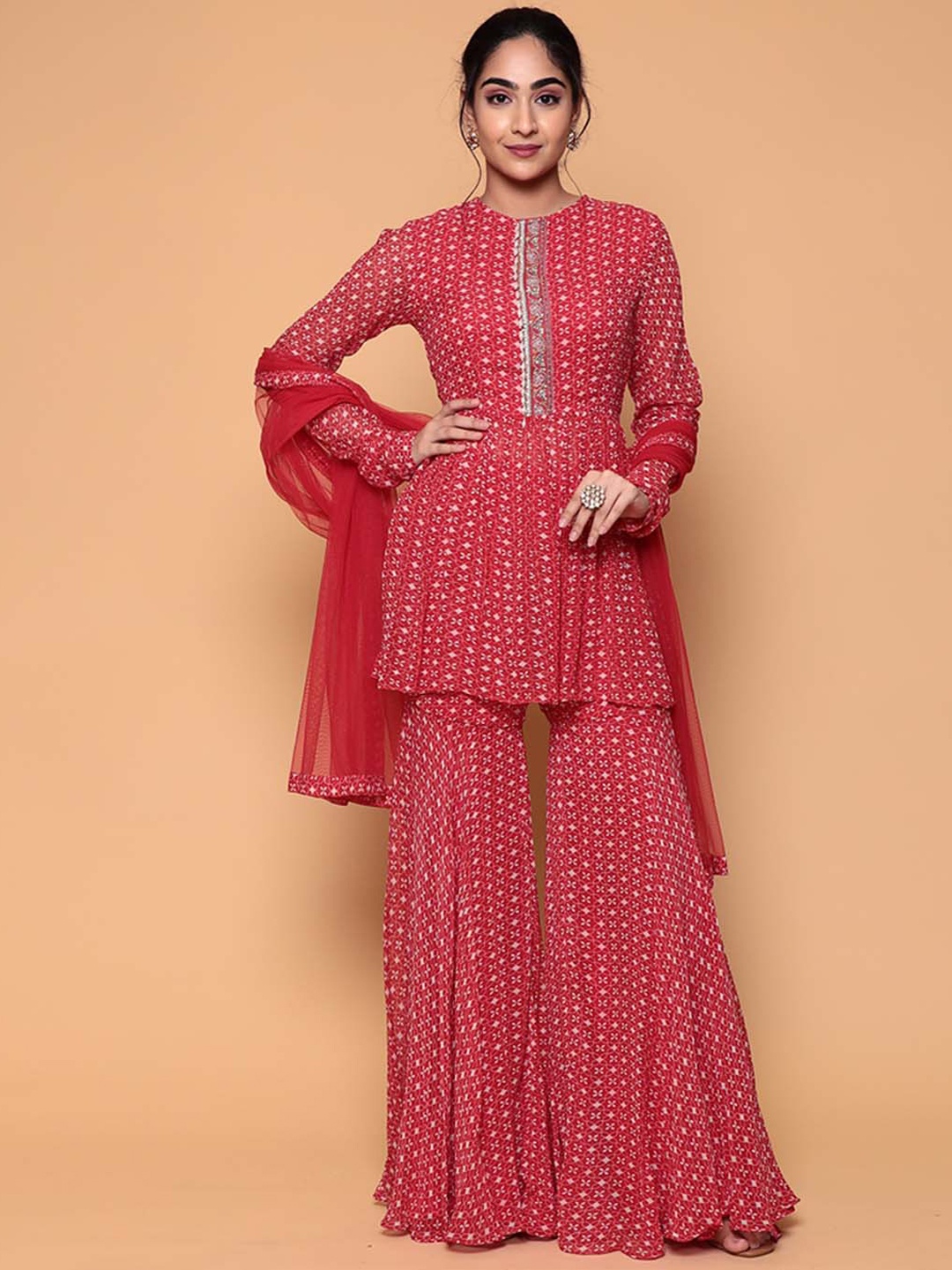 

ZARI Women Ethnic Motifs Printed Kurti With Sharara & Dupatta, Red