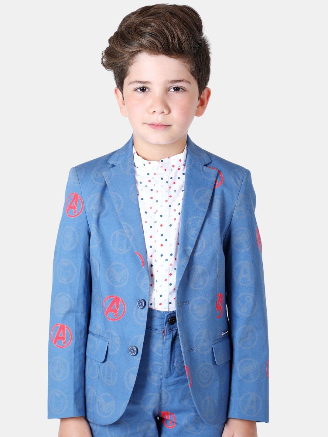 

One Friday Boys Avengers Printed Notched Lapel Single-Breasted Blazer, Blue