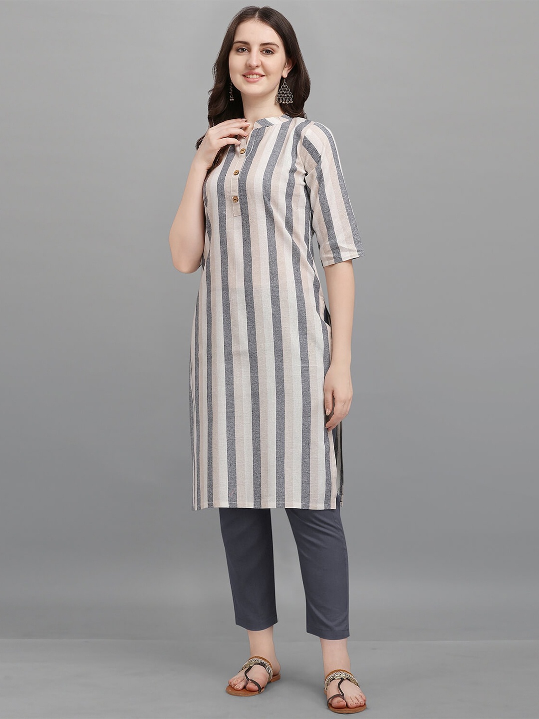 

KALINI Women Striped Printed Cotton Kurta, Grey