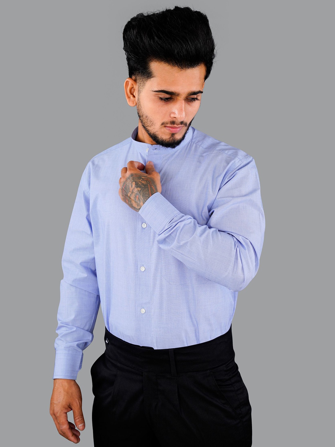 

FRENCH CROWN Men Band Collar Formal Cotton Shirt, Blue