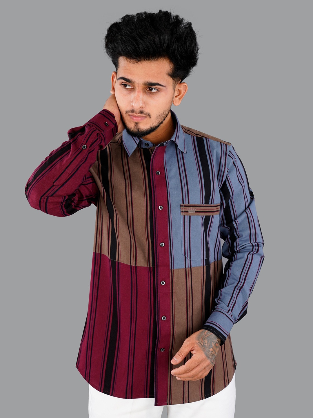 

FRENCH CROWN Men Striped Casual Cotton Shirt, Brown