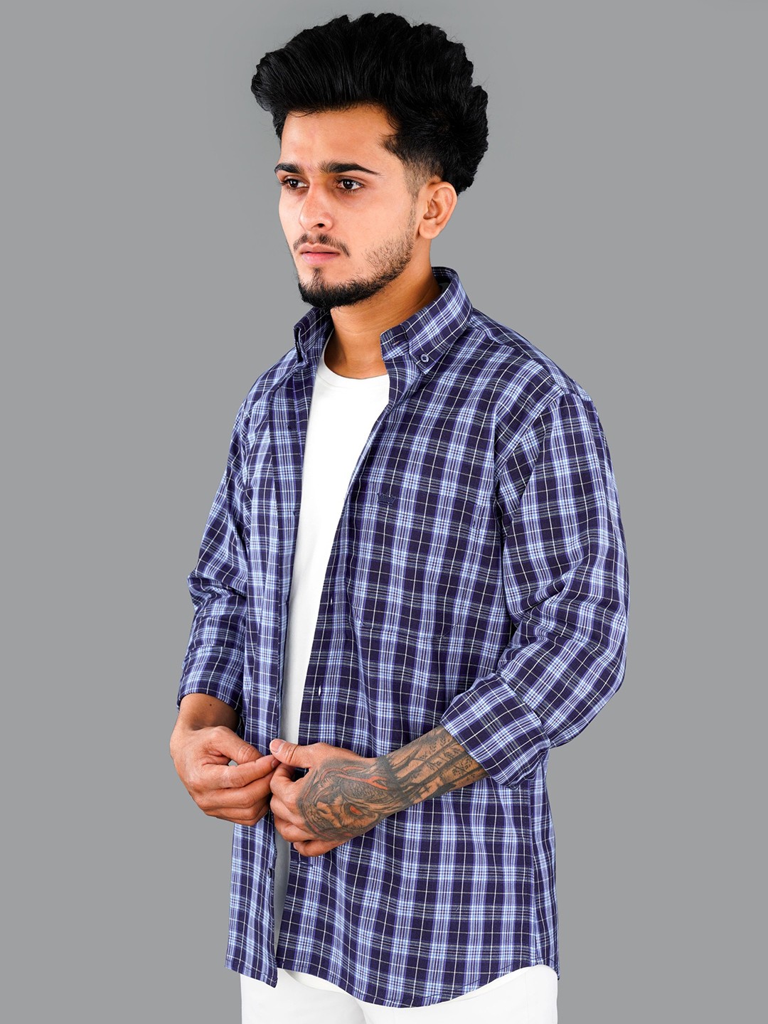 

FRENCH CROWN Men Checked Formal Cotton Shirt, Blue