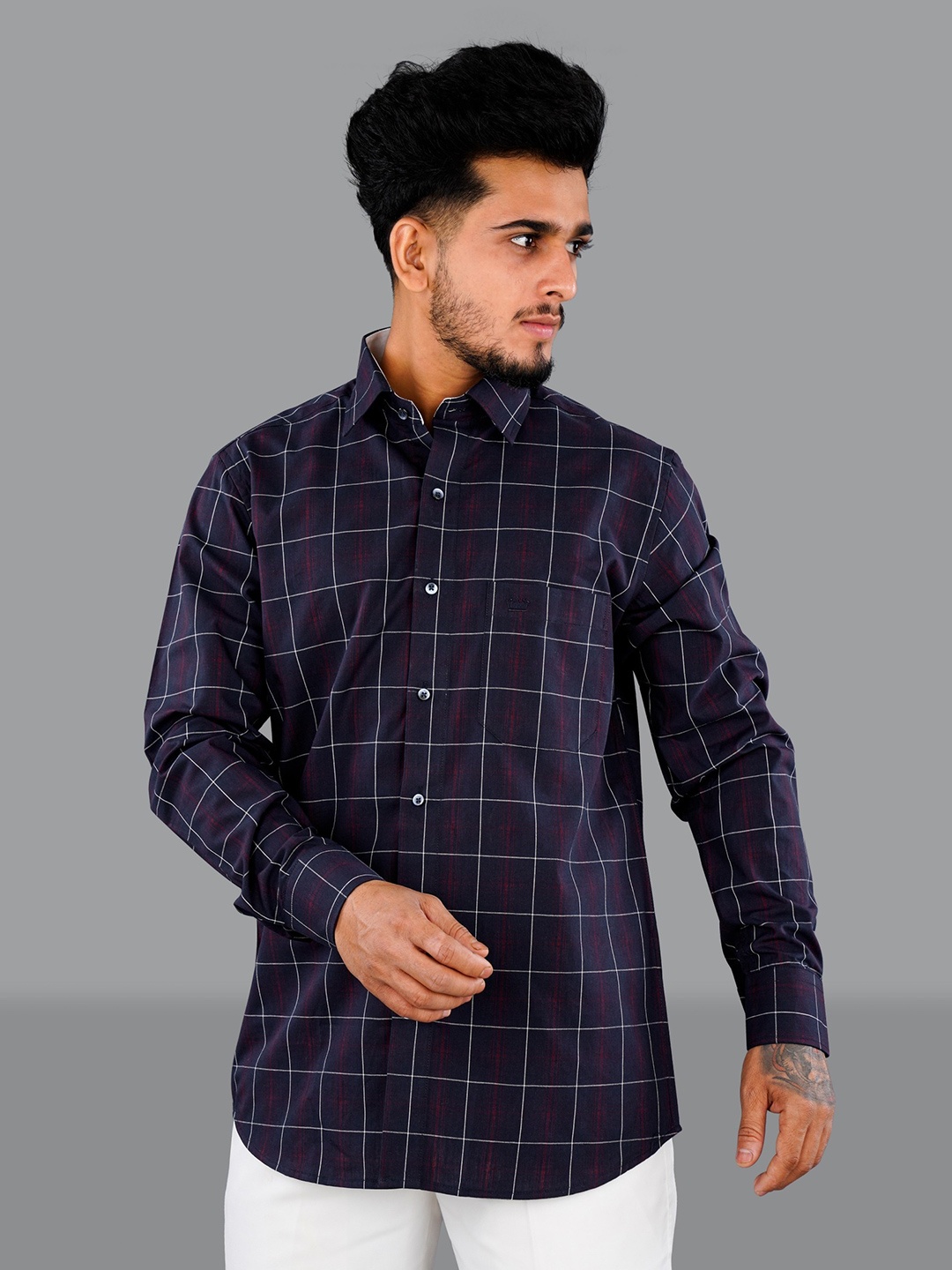 

FRENCH CROWN Men Checked Casual Cotton Shirt, Navy blue