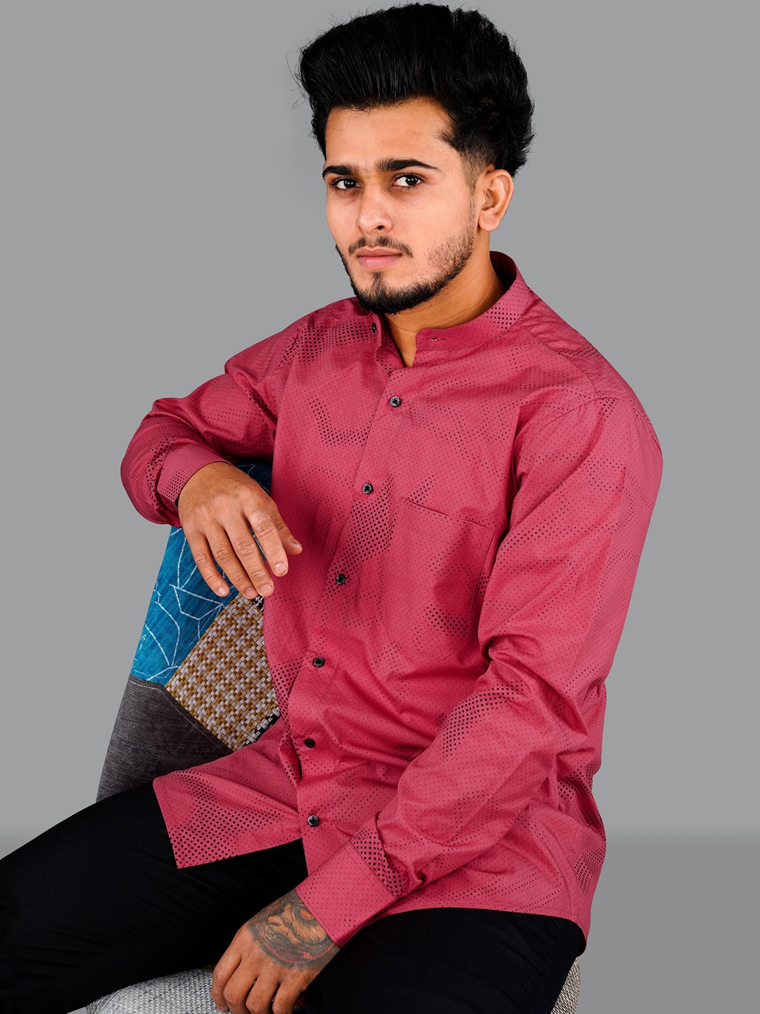 

FRENCH CROWN Men Printed Band Collar Casual Cotton Shirt, Maroon
