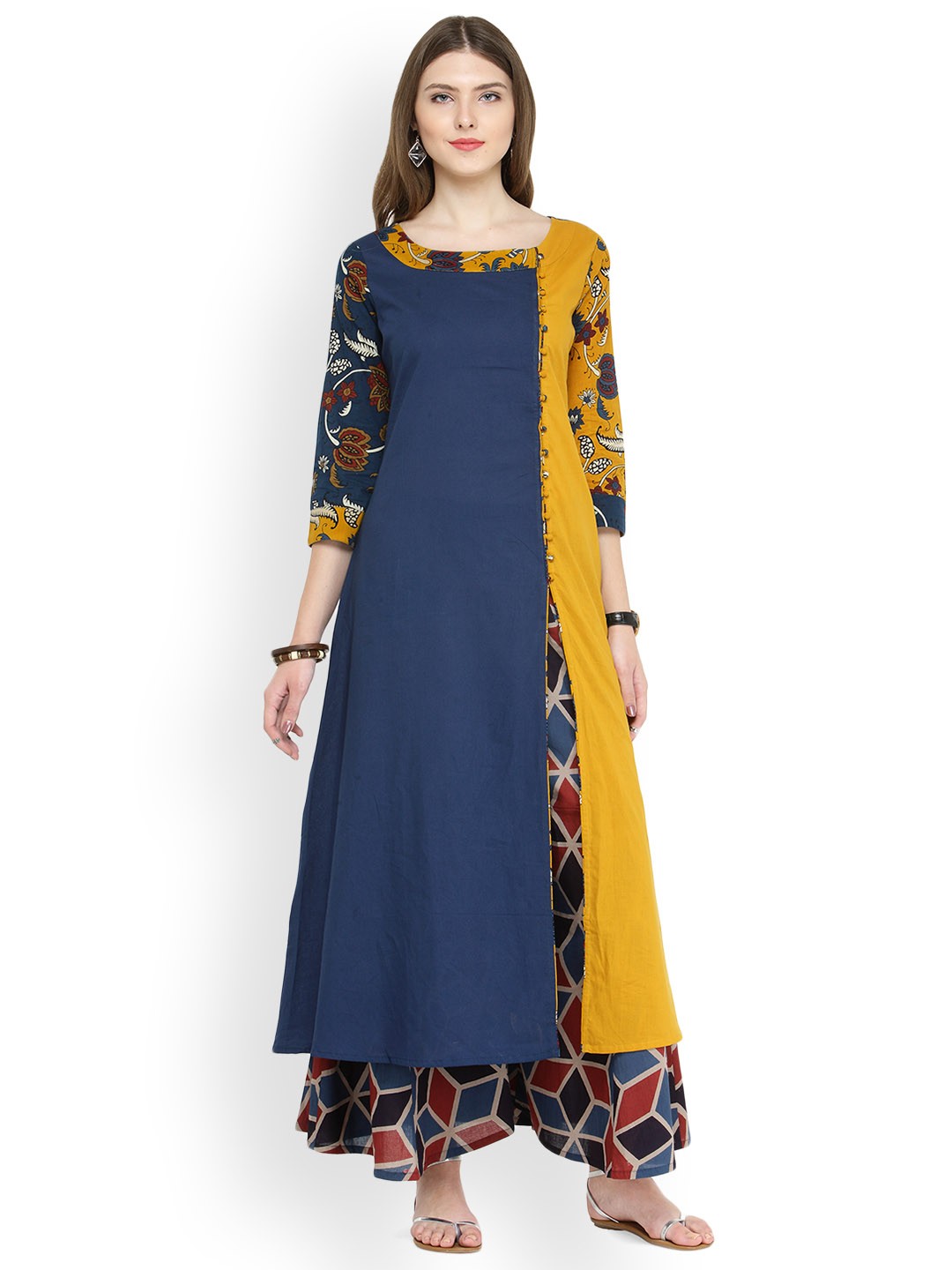 

Varanga Women Blue & Mustard Colourblocked A-Line Kurta