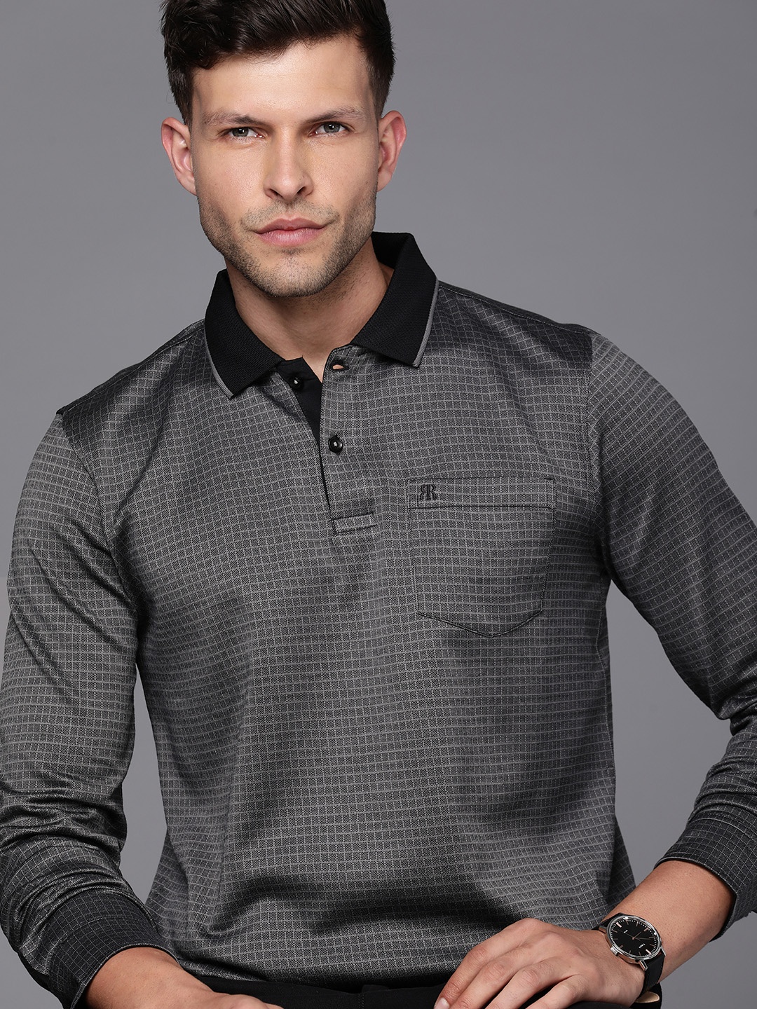 

Raymond Men Self Design Polo Collar Pure Cotton T-shirt, Black