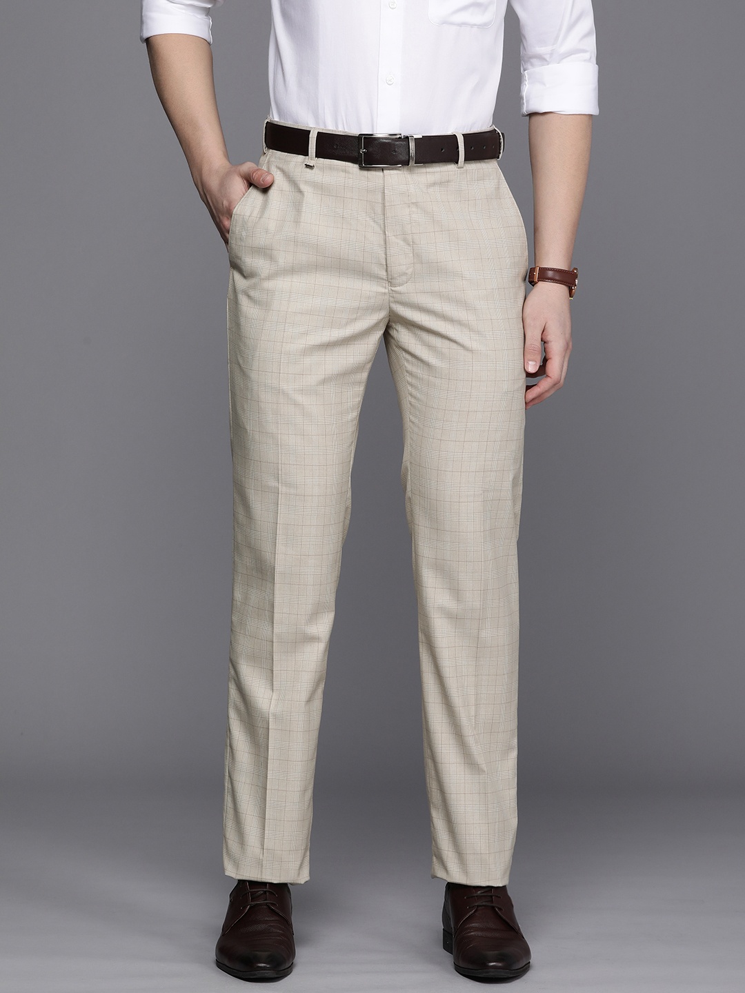 

Raymond Men Mid-Rise Contemporary Fit Checked Trousers, Beige