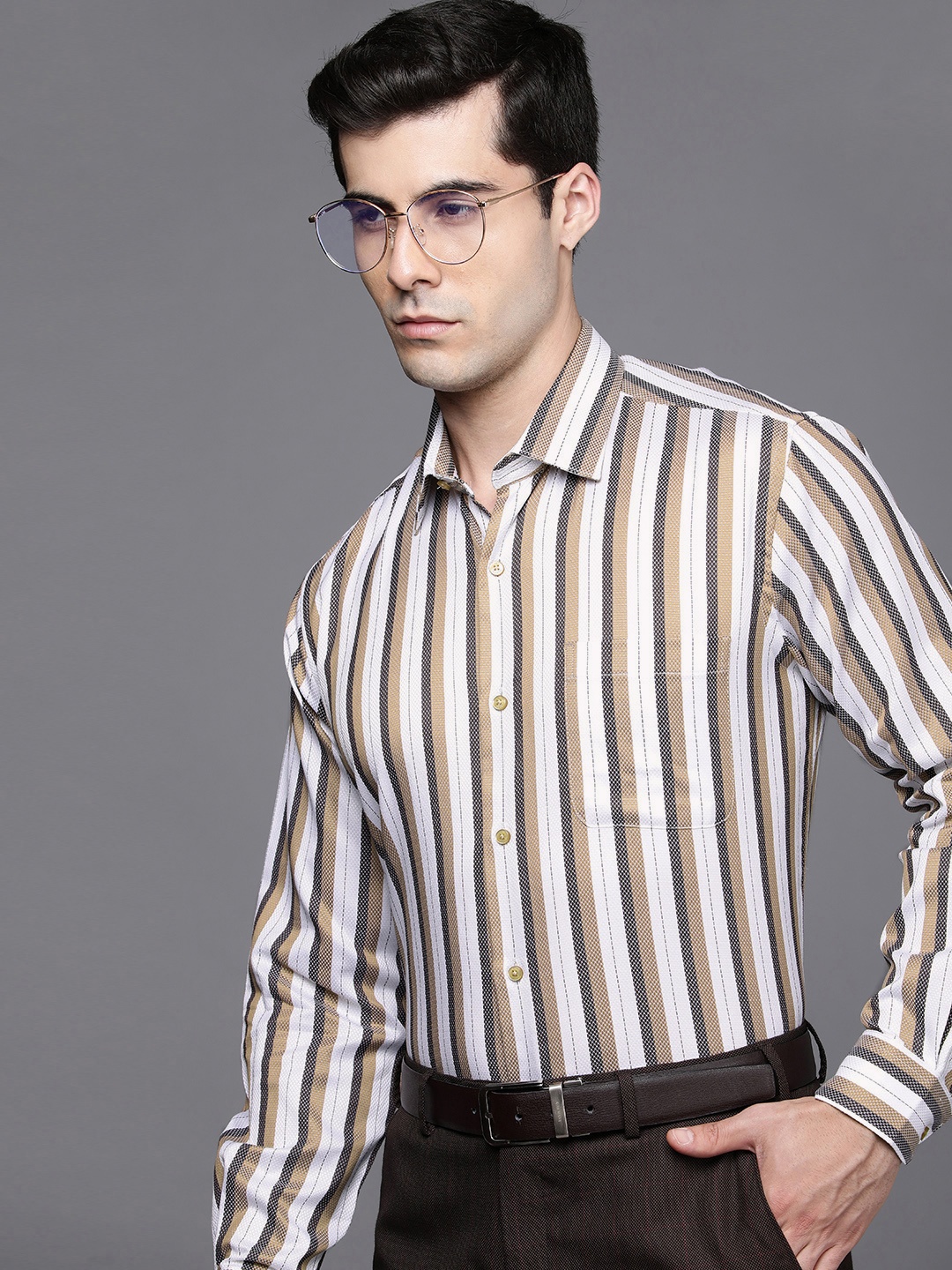 

Raymond Men Pure Cotton Contemporary Fit Striped Formal Shirt, Brown