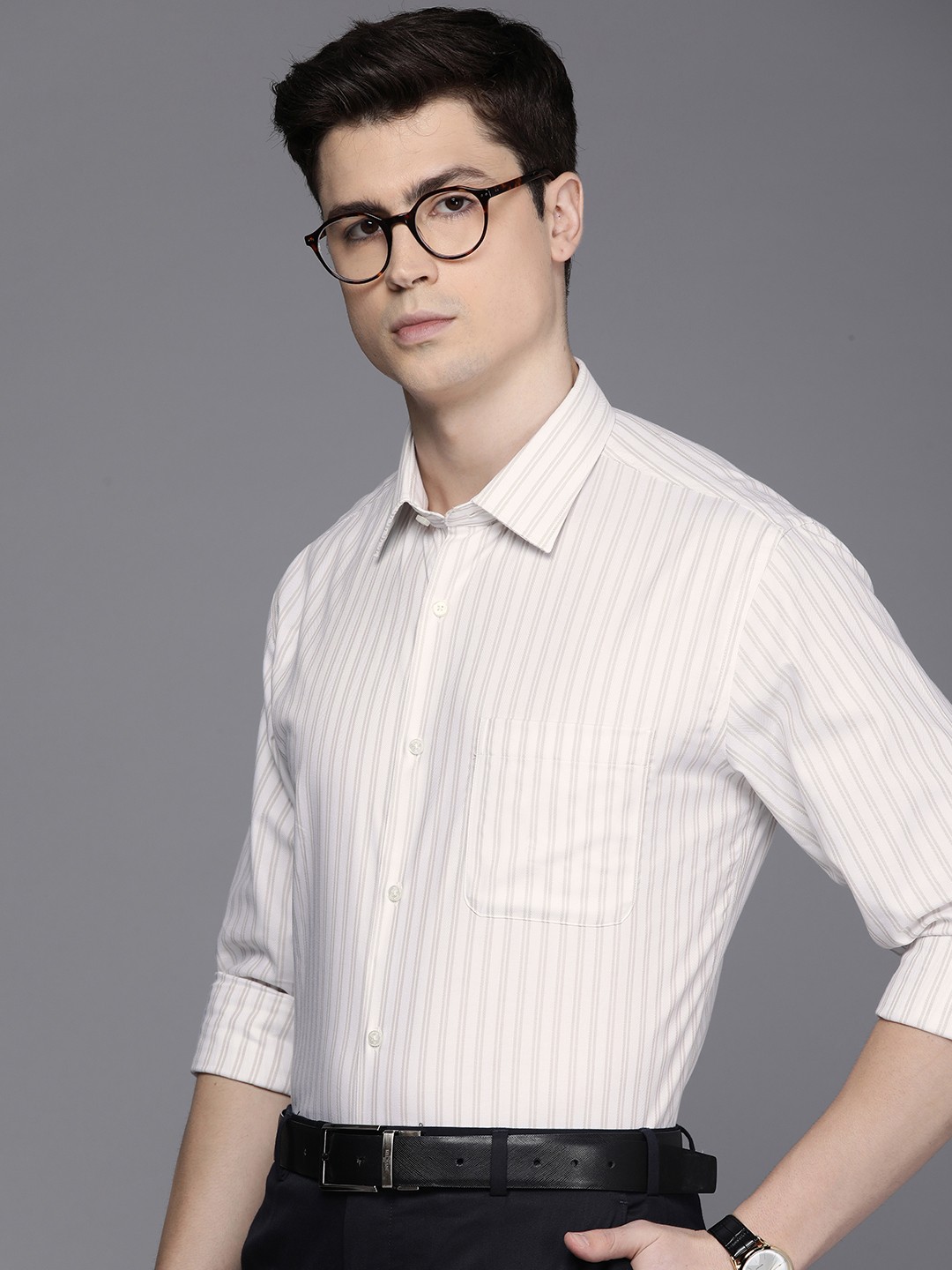 

Raymond Slim Fit Pure Cotton Striped Formal Shirt, Beige