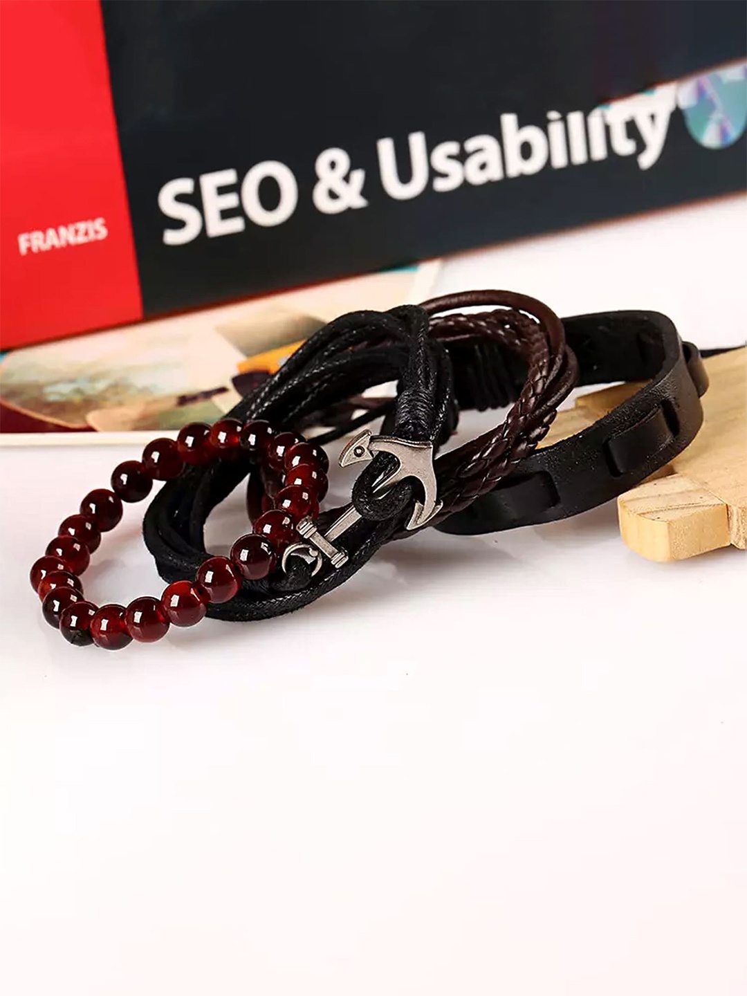 

Yellow Chimes Women Pack Of 4 PU Leather Beaded Wraparound Bracelet, Black