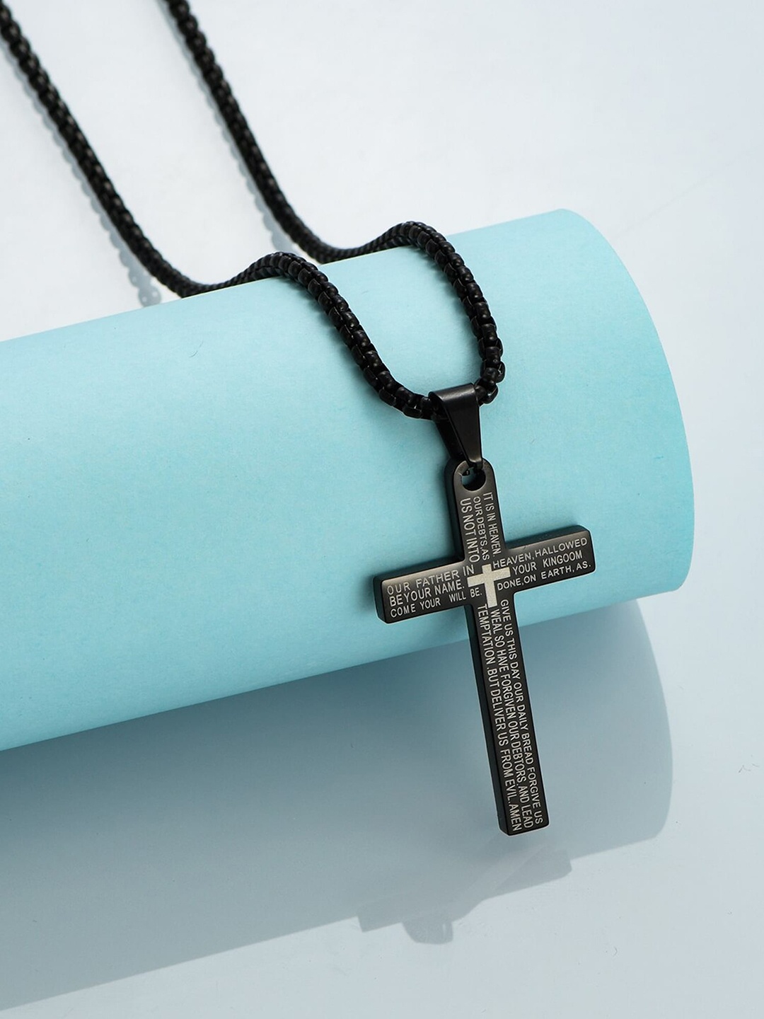 

Yellow Chimes Men Silver-Plated Cross Charmed Pendant Chain, Black