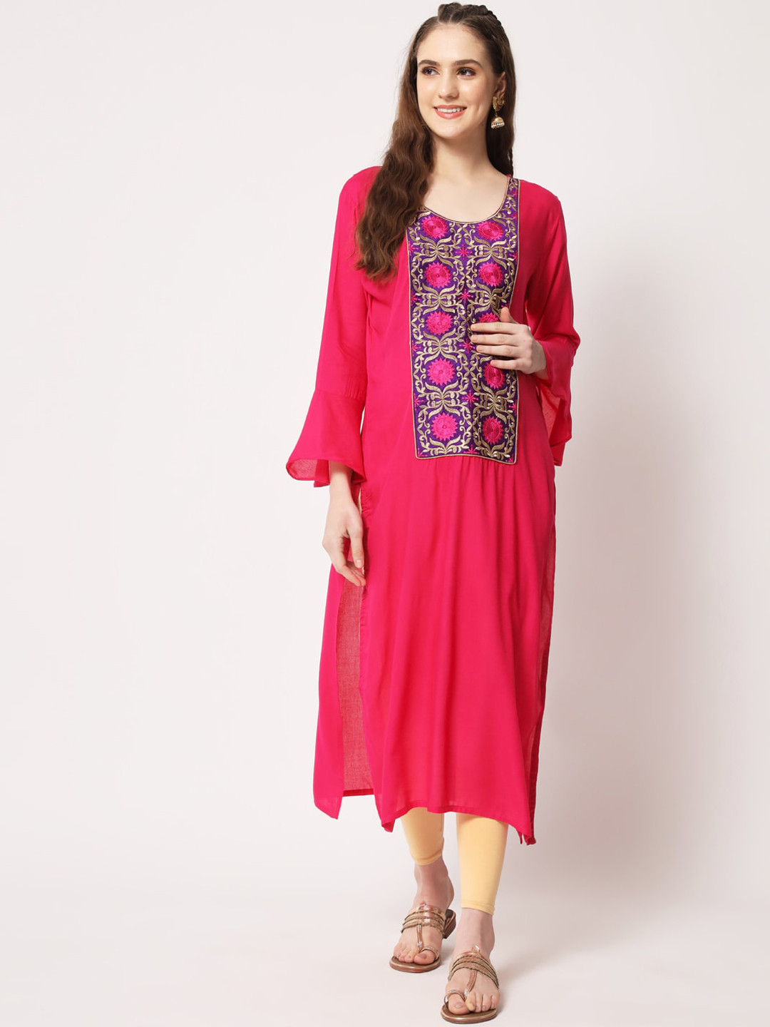 

Aujjessa Women Ethnic Motifs Yoke Design Bell Sleeves Maternity Kurta, Fuchsia