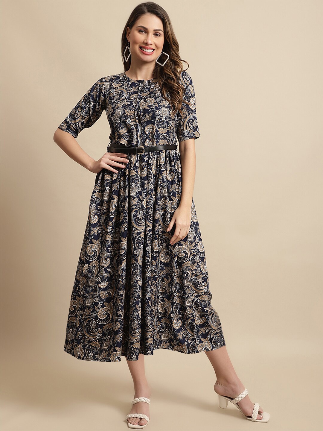 

Fabflee Floral A-Line Midi Dress, Blue