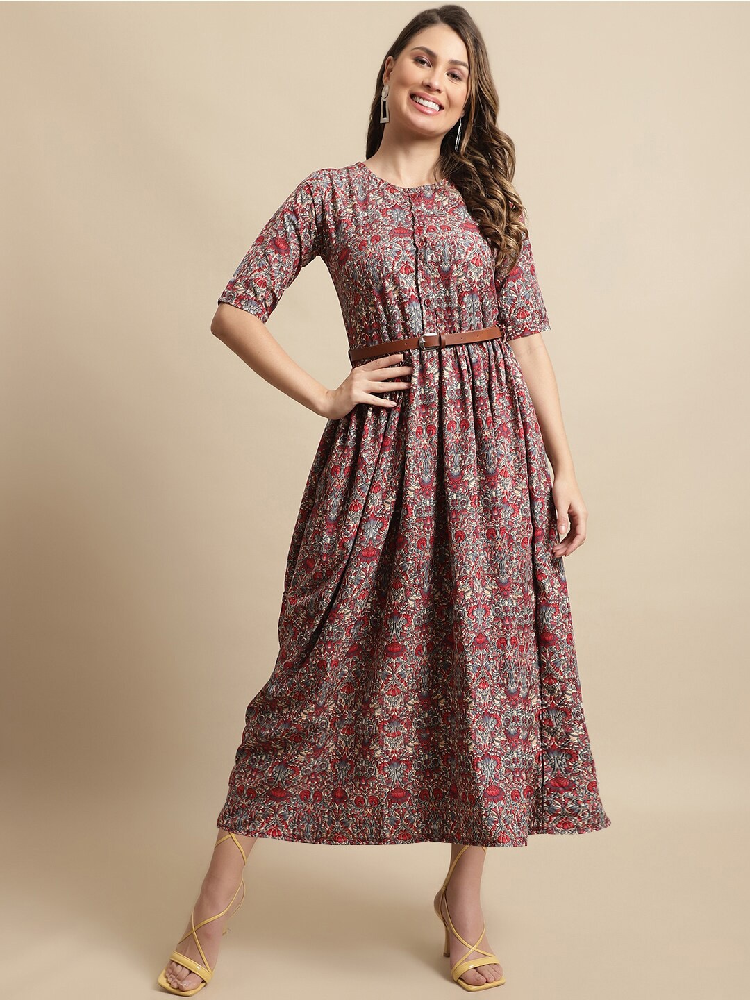 

Fabflee Floral A-Line Midi Dress, Red