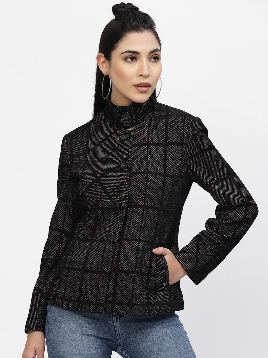 

Juelle Women Checked Acrylic Pea Coat, Black
