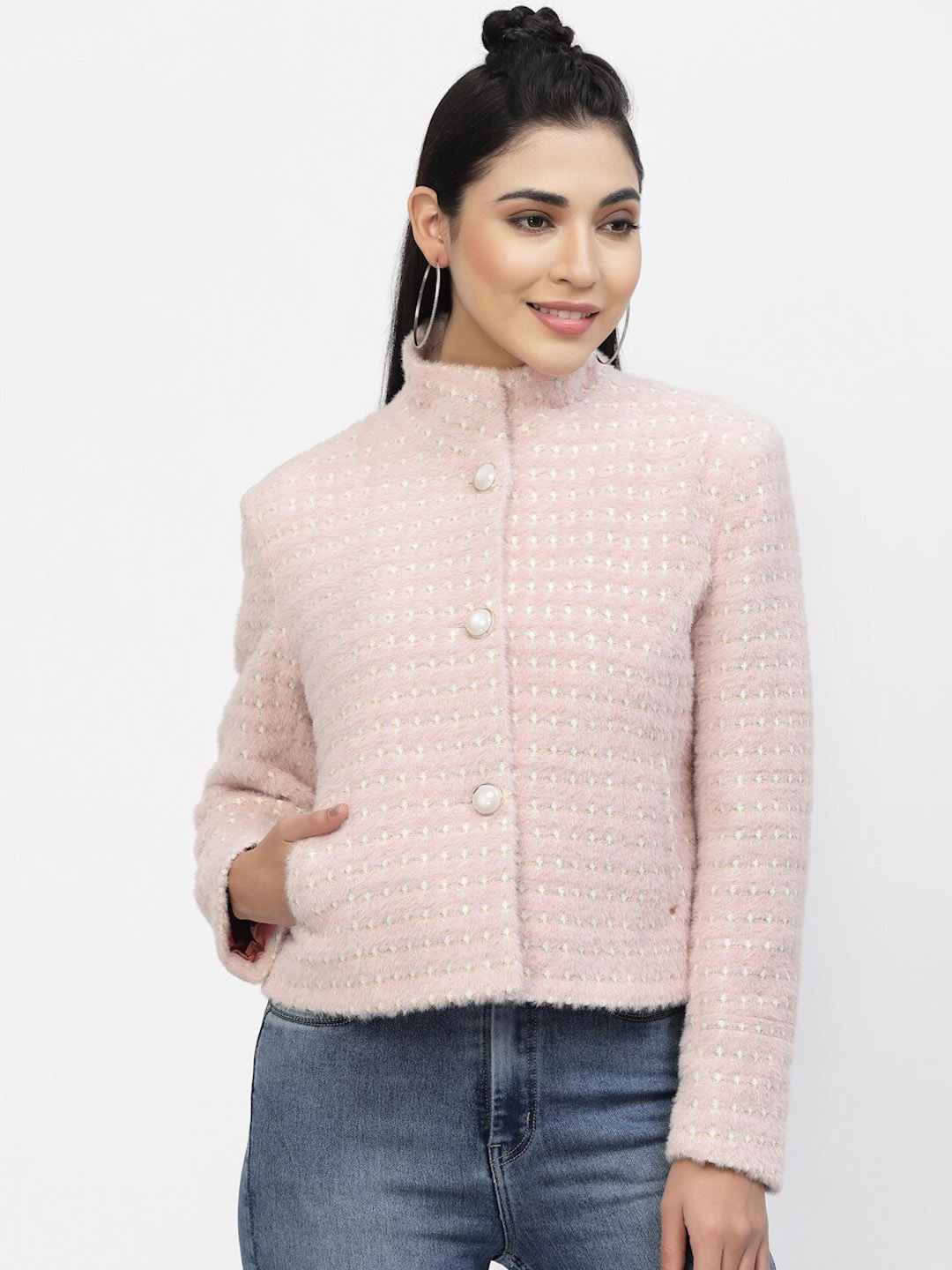 

Juelle Women Self Design Pea Coat, Pink