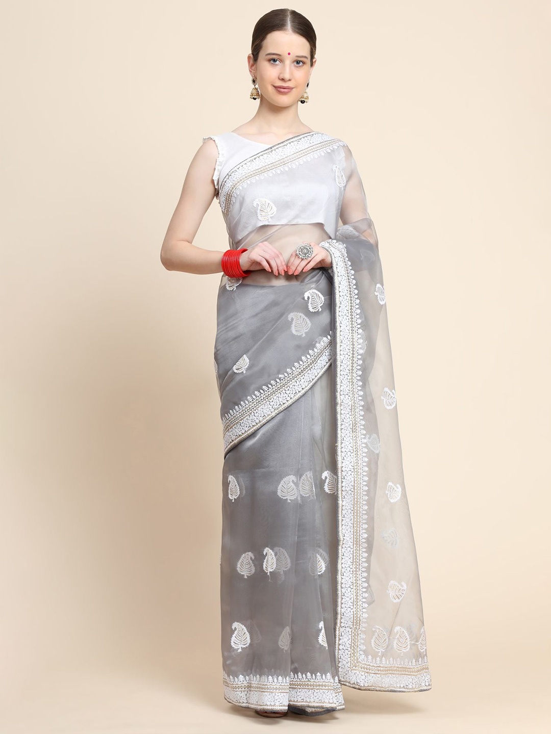 

Vastrasky Global Floral Organza Saree, Grey