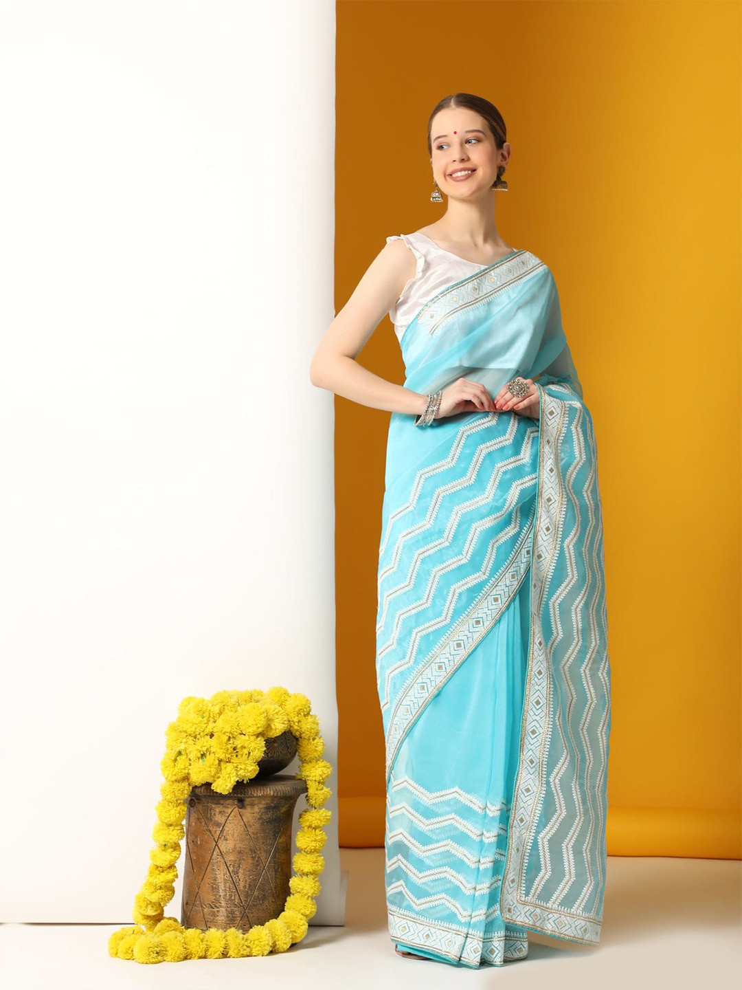 

Vastrasky Global Embroidered Organza Leheriya Saree With Blouse Piece, Blue