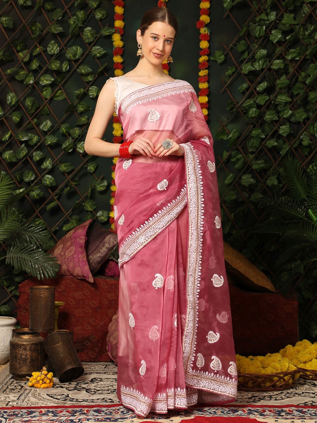 

Vastrasky Global Ethnic Motifs Embroidered Organza Saree With Blouse Piece, Pink
