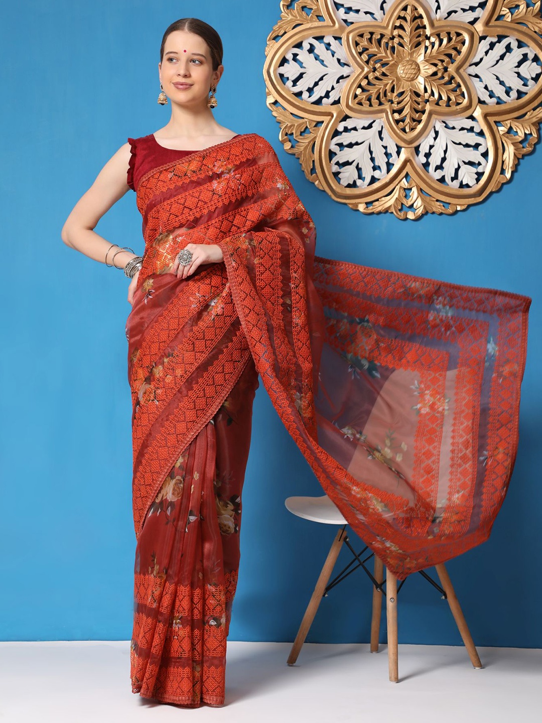 

Vastrasky Global Floral Printed & Embroidered Organza Saree, Red