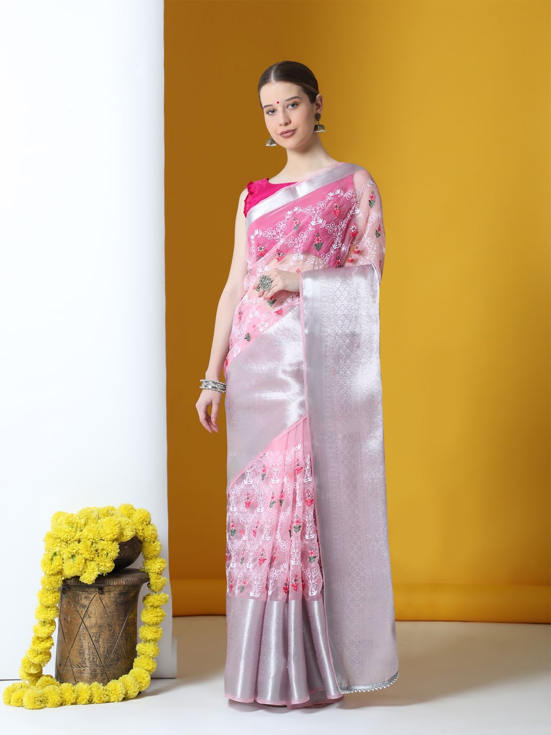

Vastrasky Global Floral Embroidered Organza Zari Saree, Pink
