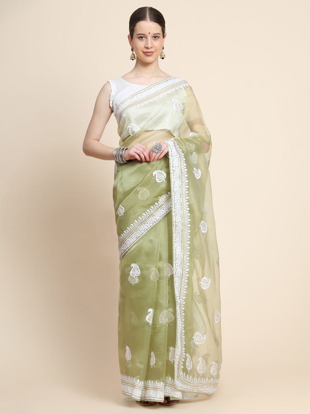 

Vastrasky Global Floral Embroidered Organza Saree, Sea green