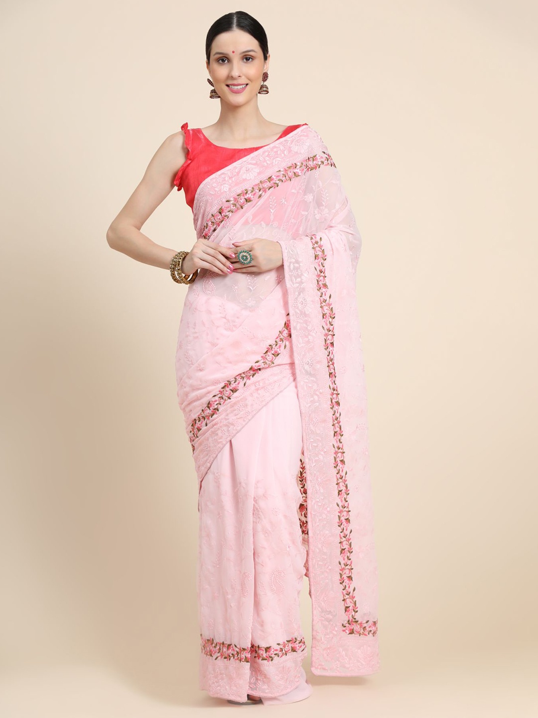 

Vastrasky Global Floral Embroidered Pure Georgette Saree, Pink