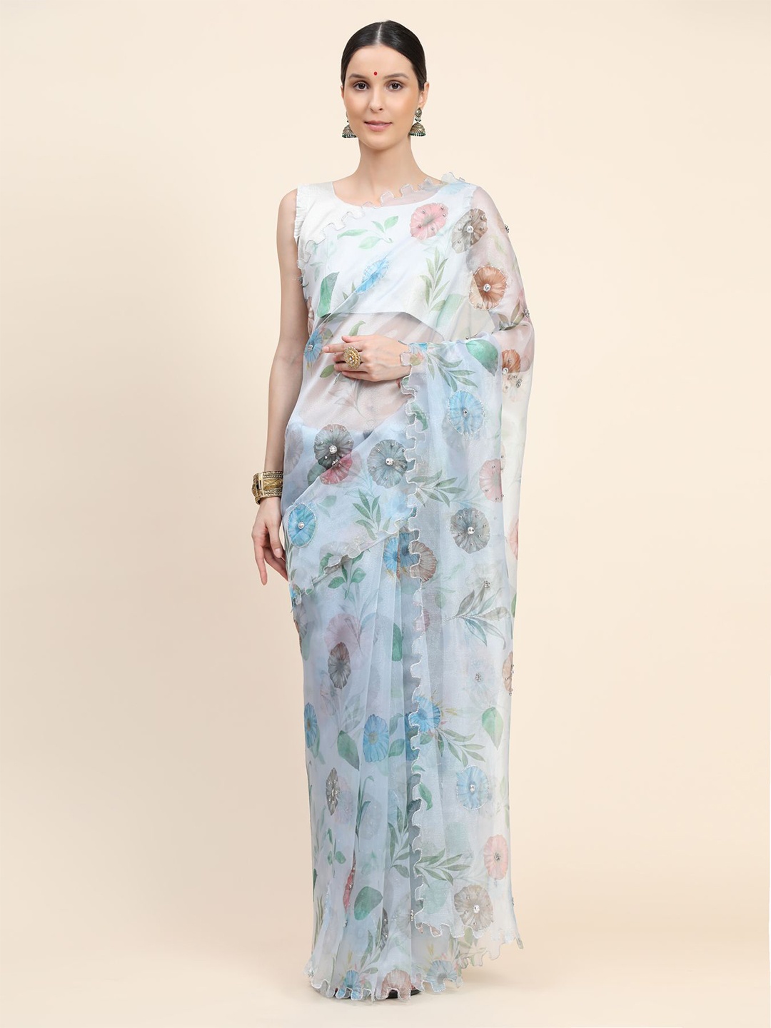 

Vastrasky Global Floral Organza Saree, White