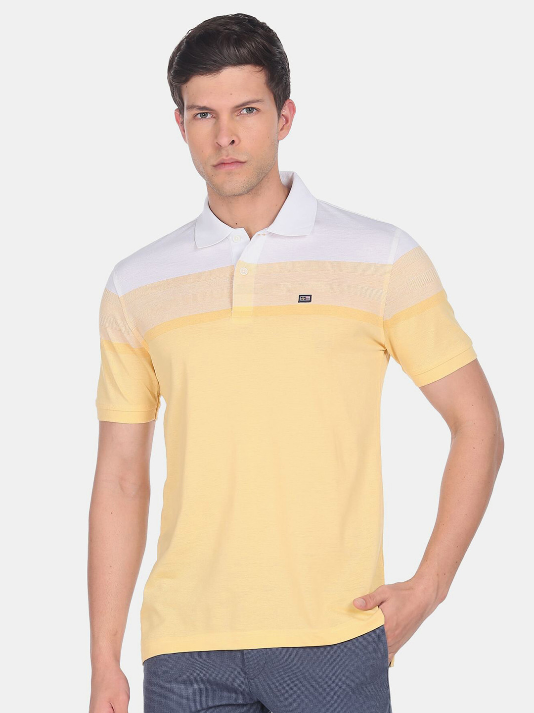 

Arrow Sport Men Striped Polo Collar Pure Cotton T-shirt, Yellow