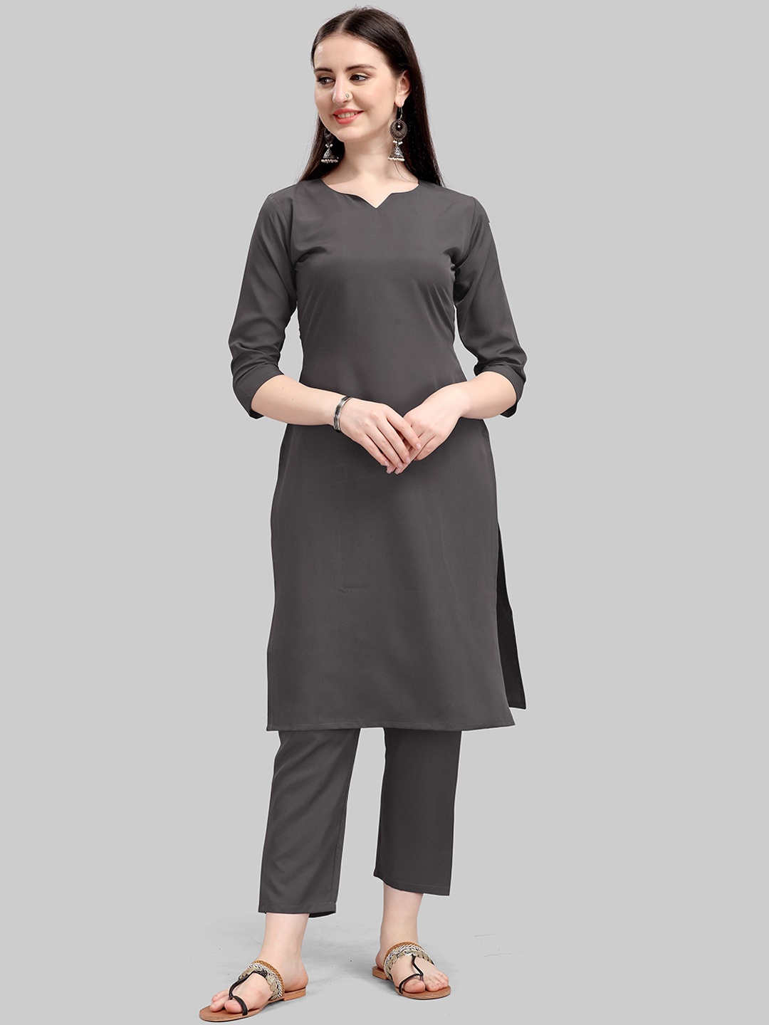 

Kinjo Notched Neck Kurti with Palazzos, Grey