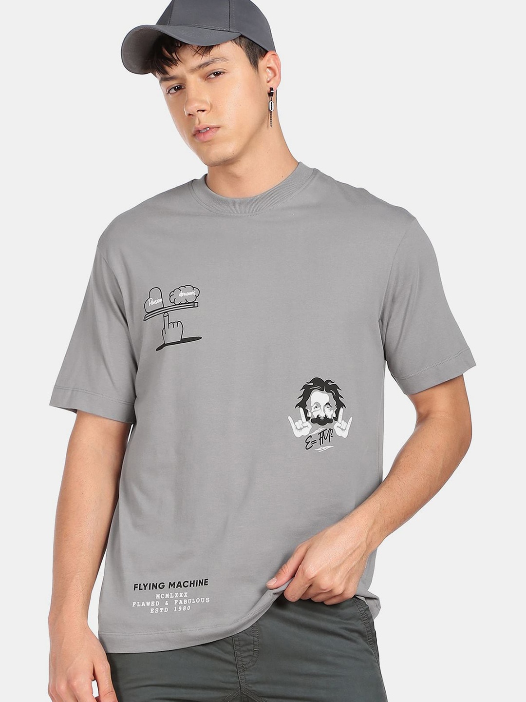 

Flying Machine Printed Pure Cotton Oversized T-shirt, Grey