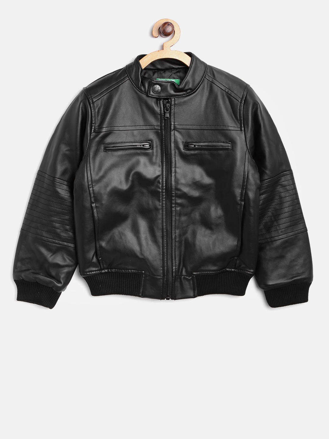 

United Colors of Benetton Boys Black Faux Leather Solid Bomber Jacket