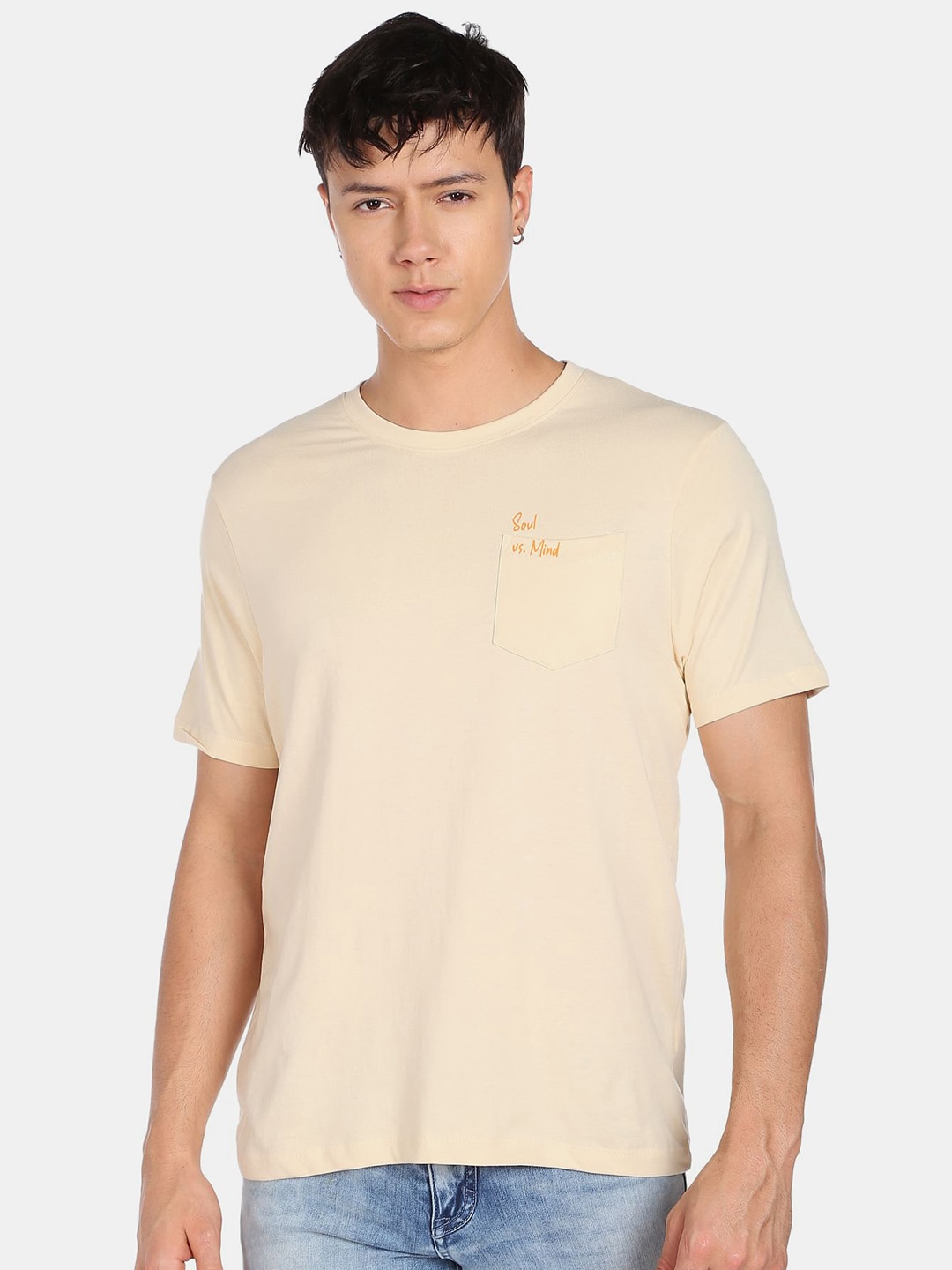 

Flying Machine Men Graphic Printed Pure Cotton T-shirt, Yellow