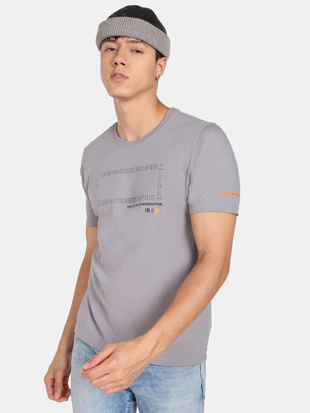 

Flying Machine Crew Neck Embossed T-Shirt, Grey