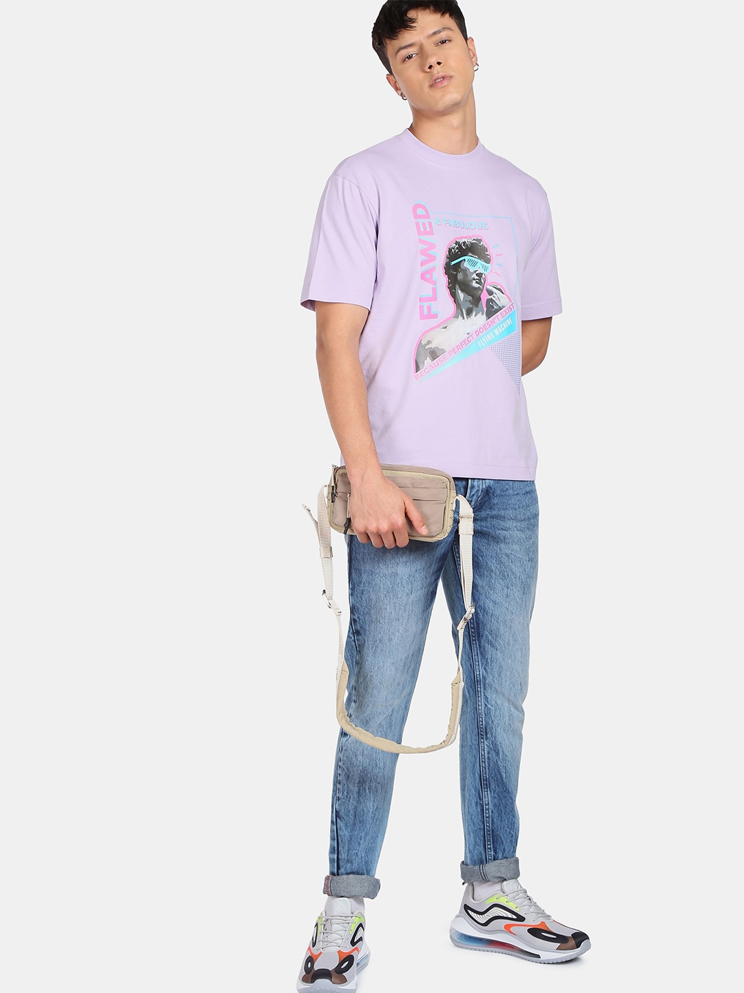 

Flying Machine Cotton Typography Printed Oversized T-shirt, Lavender